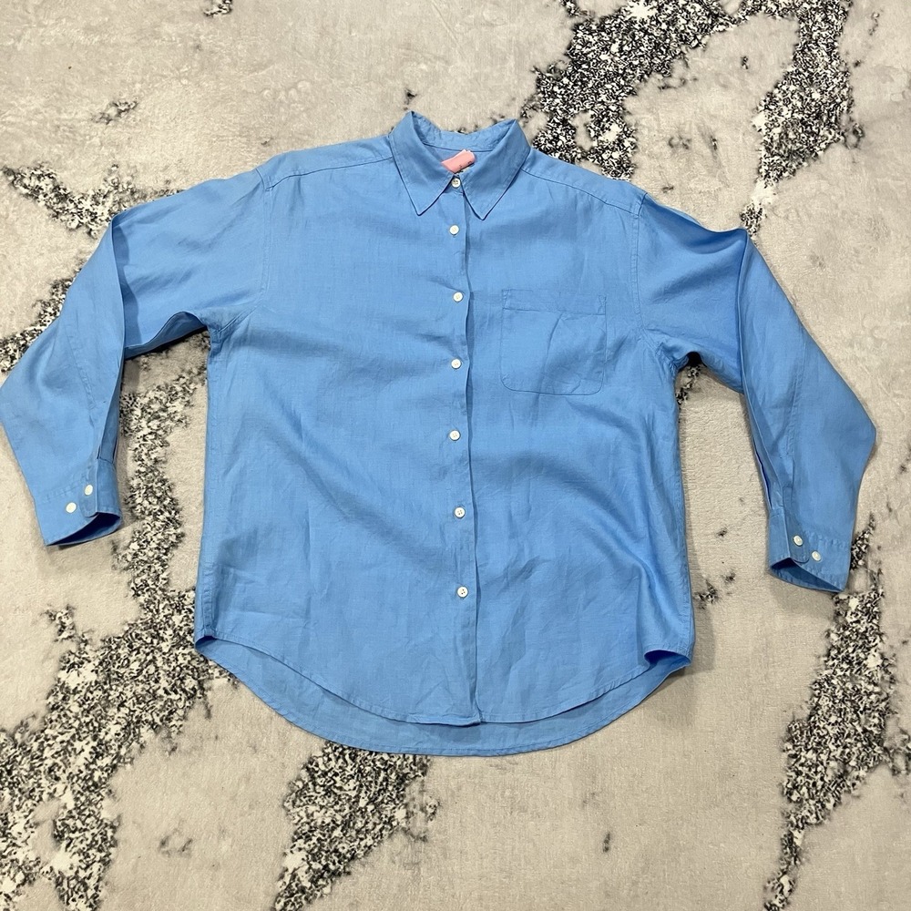 Eddie Bauer Linen Button Up Shirt Womens Size‎ Medium Blue Long Sleeve